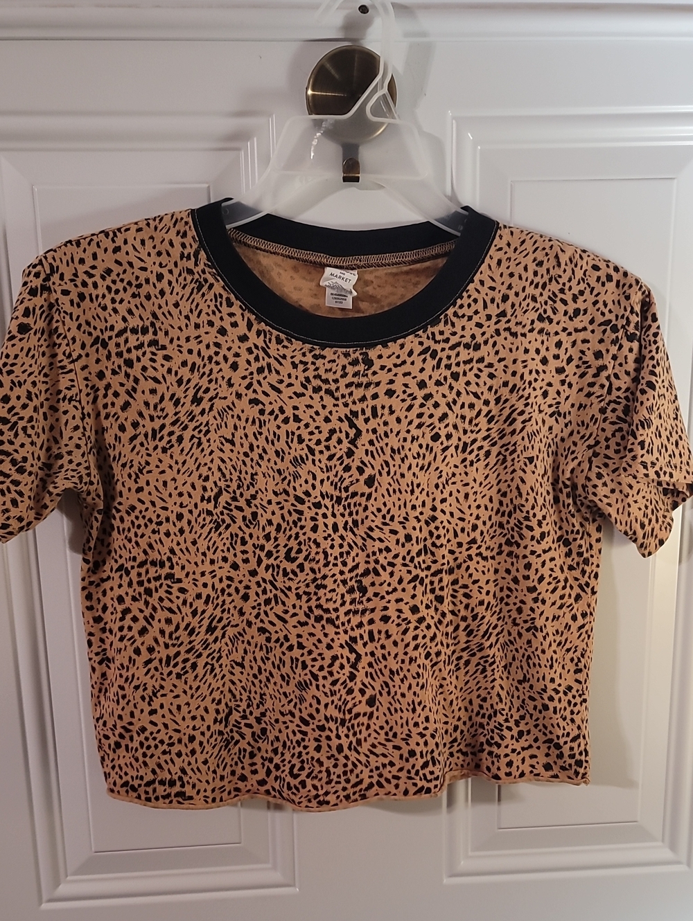 Melrose and Market Camel Cheetah Crop Tee with Black Trim